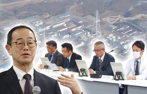 日本原燃の品質保証体制も議論になった再処理工場の審査だが、合格しても前途多難だ（写真はコラージュ。工場を背景に左は更田豊志委員長、右は審査に臨む原燃社員）