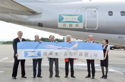 ネーミングライツ機「青天の霹靂号」の前でＰＲする三村申吾（左から３人目）とＦＤＡの楠瀬俊一社長（同４人目）＝１０日、青森空港