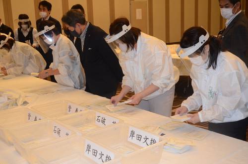 自民党青森県連が実施した総裁選予備選挙の開票作業＝１３日、青森市